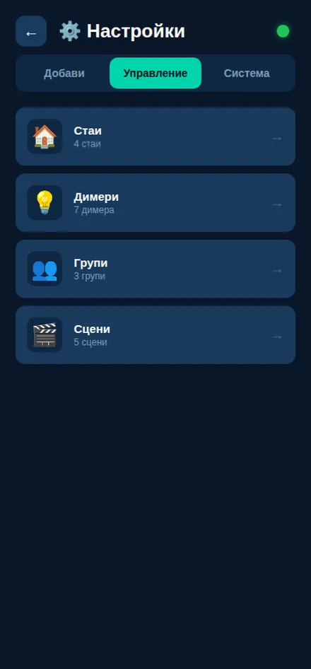 Список подключённых осветительных устройств